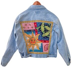 Vintage Blue Jean Jacket with Colorful Patchwork